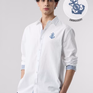 Men's white formal shirt with embroidered logo by Labelrare