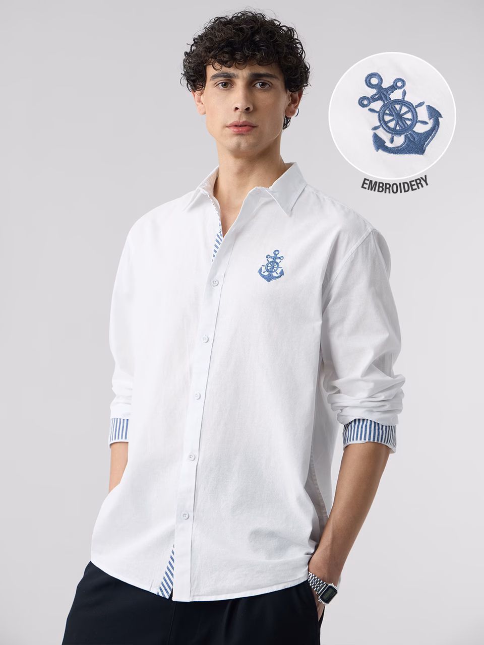 Men's white formal shirt with embroidered logo by Labelrare