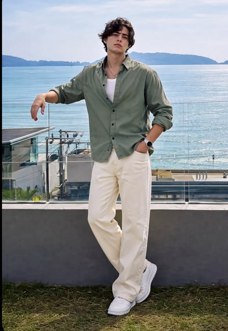 Men's olive green casual shirt with white trousers by the beach