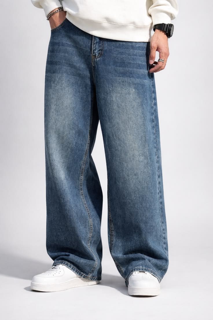 Men's premium blue wide leg denim jeans