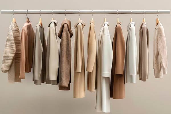 Premium neutral clothing collection on hanger