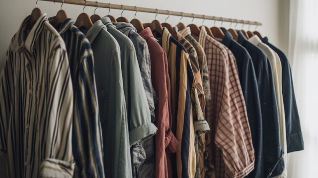 Casual men's shirts displayed on clothing rack